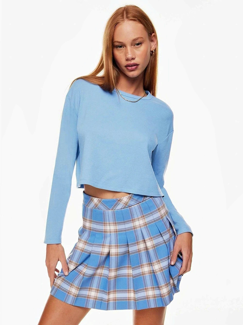 Sunday Best Baby Waffle Longsleeve Blue Cropped Top